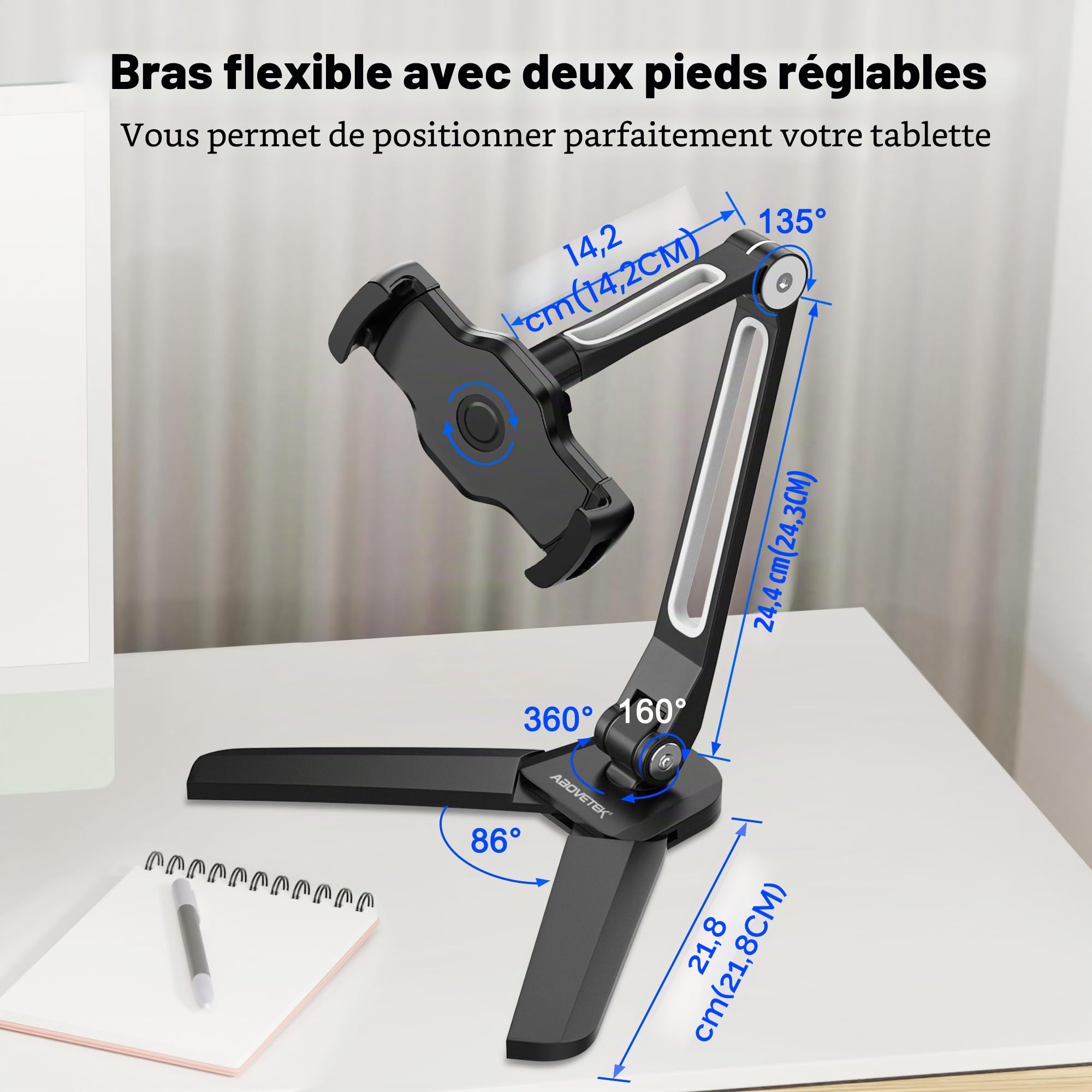 AboveTEK Support de Tablette Support 2 en 1 Mural et de Cuisine pour Tablette avec Rotation Multi-Angle de 360 degrés, Compatible avec iPad, iPhone, Samsung (4.7-13.5 Pouce) - Noir