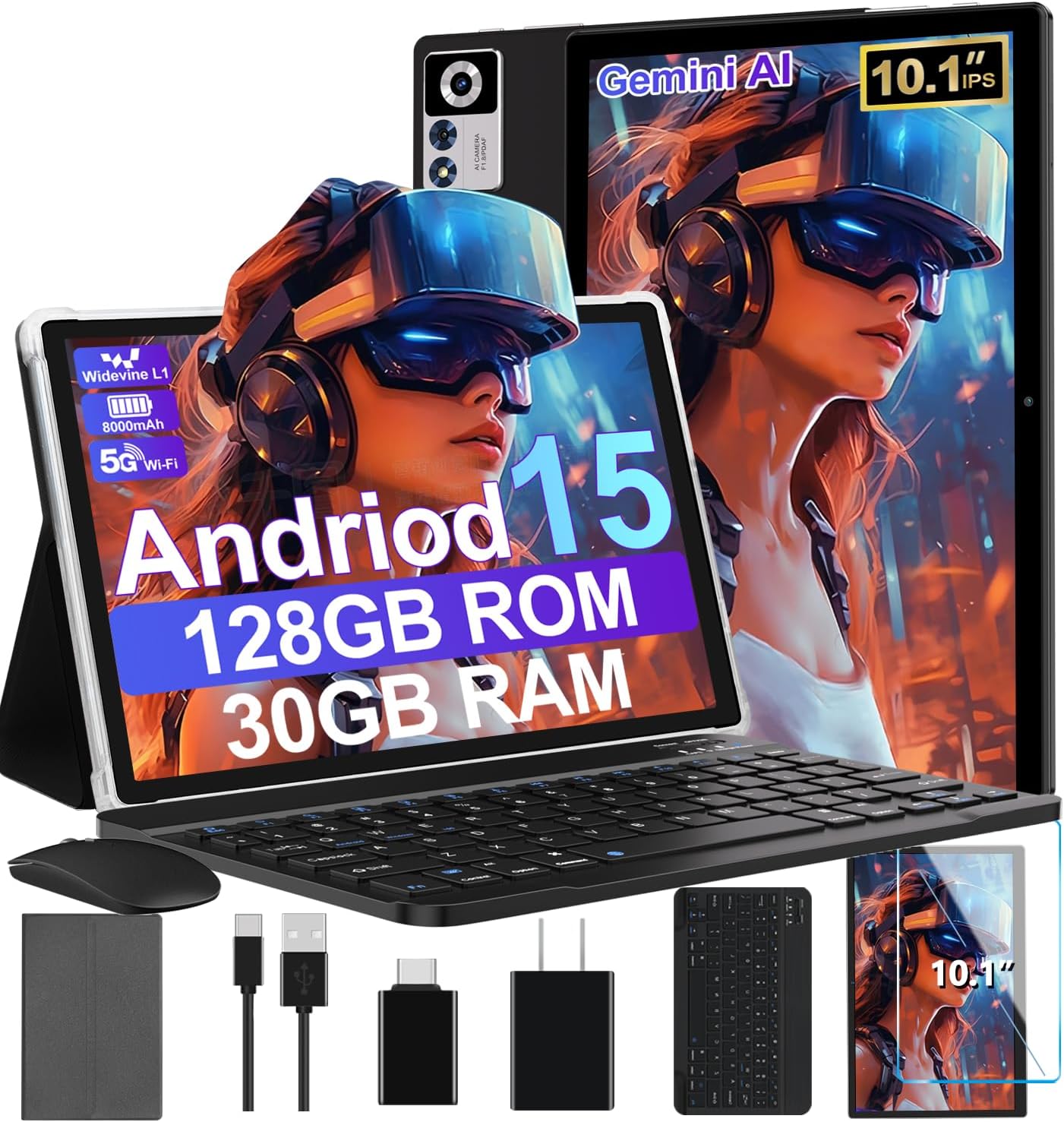 2025 Android 15 Tablet with Keyboard | Gemini AI, 30GB+128GB Octa-Core Electronics Tablets w/ 10 Inch IPS HD Display, 8000mAh, 5G WiFi, 1TB Expand, Mouse+Case, BT 5.0, Widevine L1, Metal Body -Black 2025 Android 15 Tablet with Keyboard | Gemini AI, 30GB+128GB Octa-Core Electronics Tablets w/ 10 Inch IPS HD Display, 8000mAh, 5G WiFi, 1TB Expand, Mouse+Case, BT 5.0, Widevine L1, Metal Body -Black