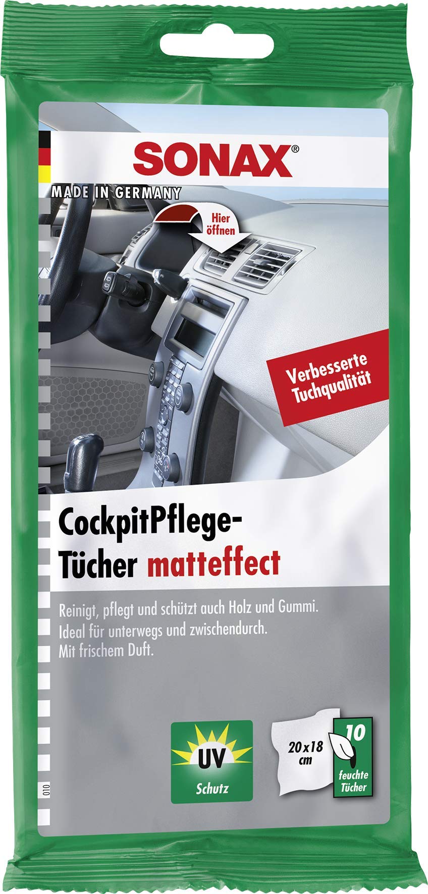 SONAX Cockpit Care Wipes Matt effect (10 Pieces) moist wipes for cleaning, maintenance and protection | Item-No. 04158000-057