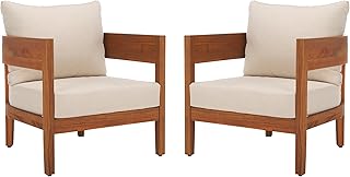 SAFAVIEH Outdoor Collection Theo Natural Teak Solid Wood/Taupe Cushion Arm Chair Set of 2