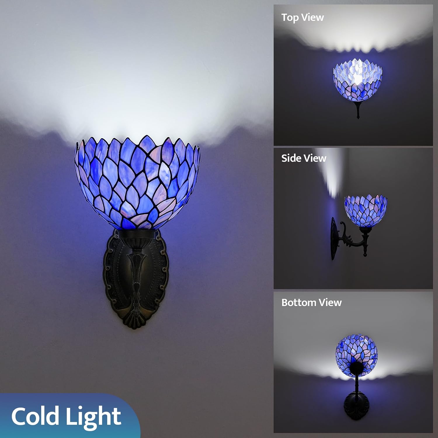 Tiffany Wall Sconce Hand-Weld Stained Glass Bedside Lamp with Classic 8 Inches Wisteria Blue Purple Lampshade for Bedroom Hallway Living Room Home Office