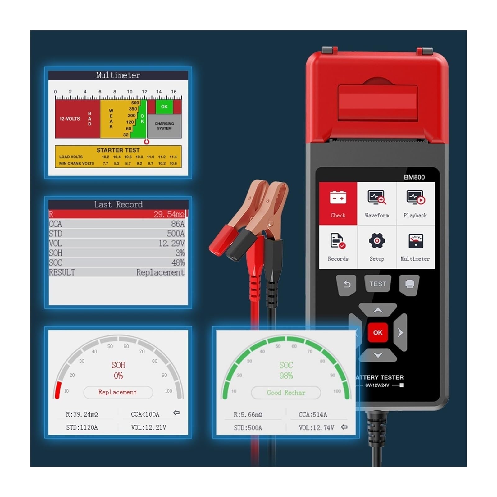 Probador de batería, BM800 Probador profesional de batería automóvil | Ofrece prueba de voltaje, análisis de capacidad; ideal para baterías de coches, camiones y motos.