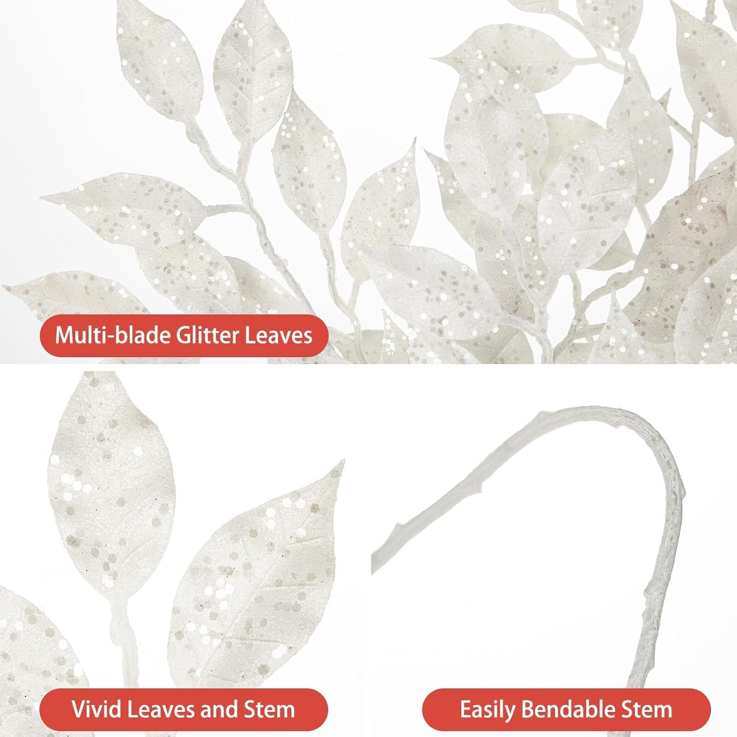 25.6" Christmas Glitter Leaves Stems, 5Pcs Artificial White Leaf Spray Leaf Picks Tall for Christmas Tree DIY Xmas Wreath Garland Arrangment Vase Bouquets Table Centerpieces Decoration Home Decor
