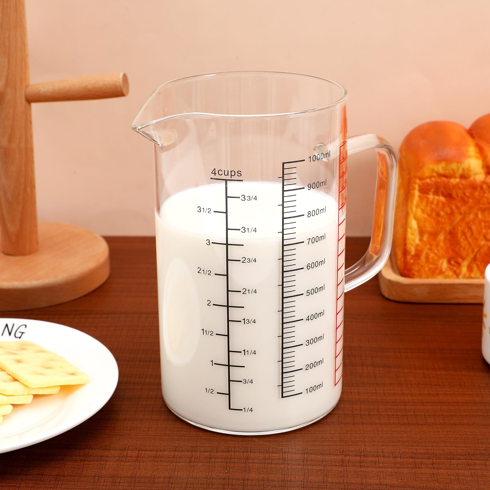 STOBAZA Taza Medidora de Vidrio de 1000 Ml con Asa, Vaso Graduado Multifuncional con Cuatro Escalas (ml, Onzas, Tazas), Resistente Vidrio de Borosilicato, Adecuado para Repostería y