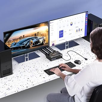 KVM Switch 2 Monitors 2 Computers Displayport HDMI 4K@60Hz, MLEEDA Dual Monitor KVM Switch with 4 USB 3.0 Ports for Keyboard Mouse Printer. Wired Remote and USB Cables Included