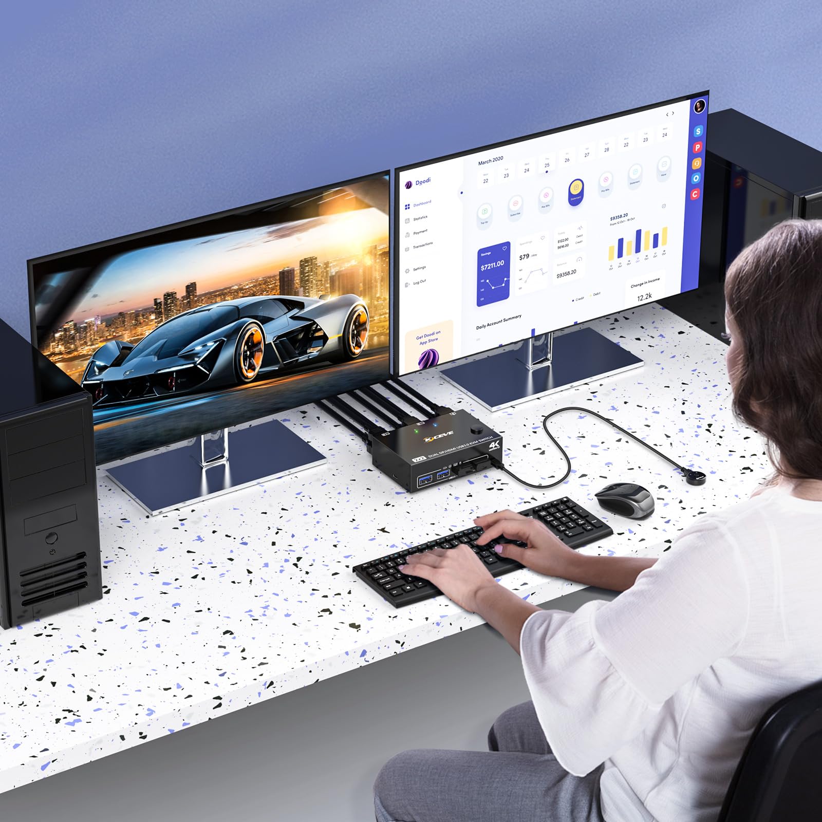 Commutateur KVM 2 moniteurs 2 ordinateurs Displayport HDMI 4K @ 60 Hz, MLEEDA Commutateur KVM double moniteur avec 4 ports USB 3.0 pour clavier, souris, imprimante, télécommande filaire et câbles USB