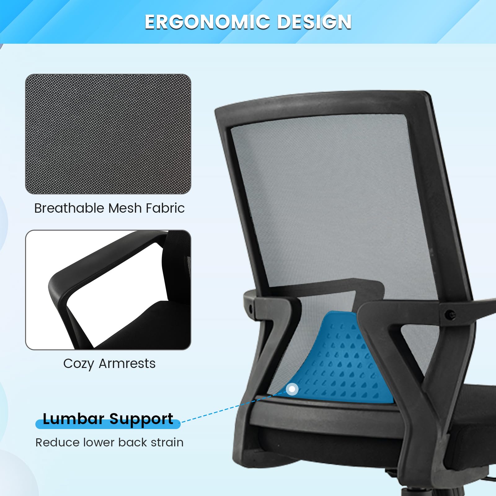 GYMAX Sedia da Ufficio Ergonomica Girevole a 360°, Sedie in Rete con Seduta Regolabile in Altezza (43-53cm) & Schienale Inclinabile (90-110°), Sedia da Scrivania per Studio, Lavoro & Relax