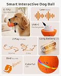 Jouets interactifs pour chiens, 2 Modes intelligents Balle à roulettes automatique, Boule à chiens auto-mouvante activée par mouvement avec corde LED Lumières & Chirpage d'oiseaux, USB-C Rechargeable pour les petits à grands chiens (Orange)