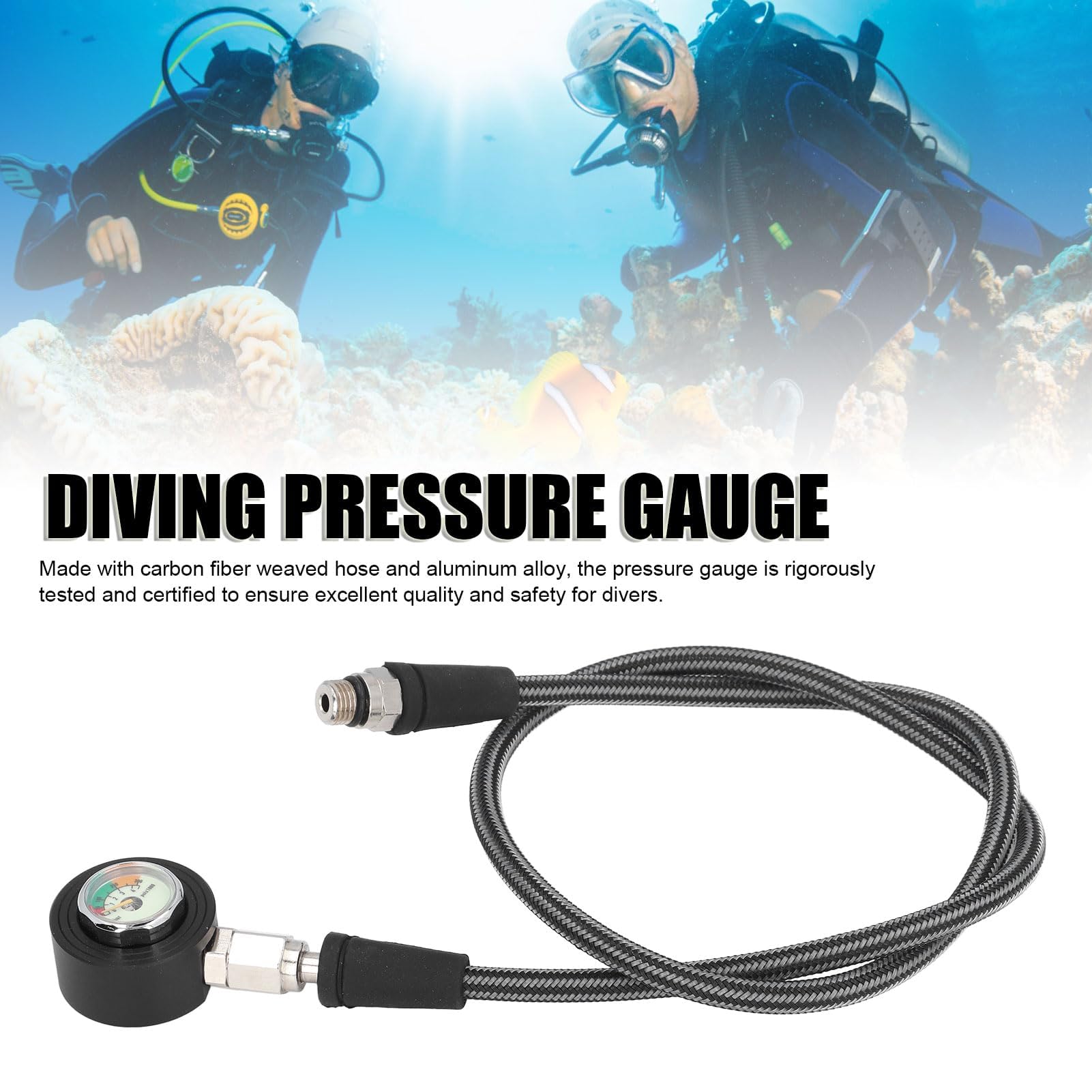 Alomejor Manomètre de Plongée sous-Marine Lumineux avec Tissage en Fibre de Carbone, Manomètre Submersible pour Régulateur BCD, équipement de Plongée sous-Marine (80 cm)