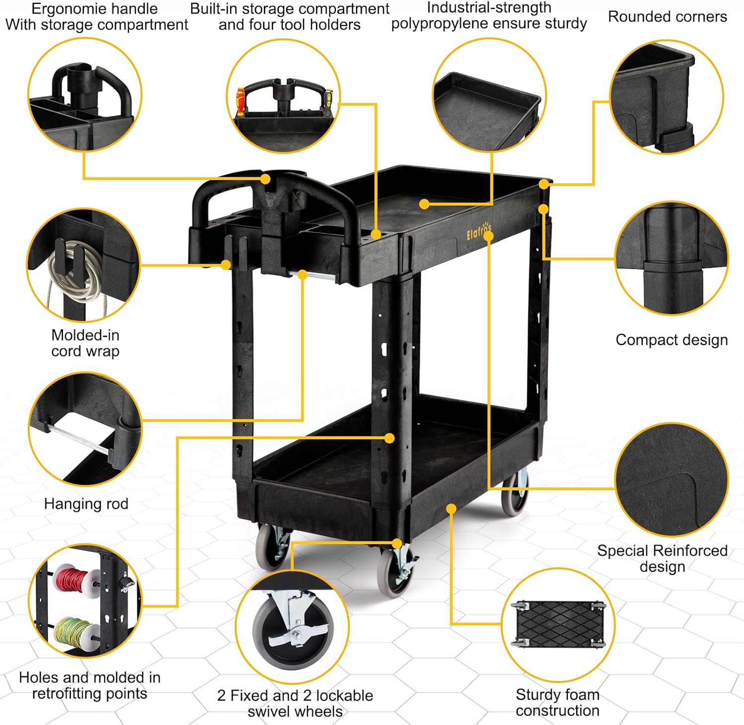 ELAFROS Utility Cart with Ergonomic Handle and Built-in Tool Compartments - 37.5" x 17" Work Cart W/Deep Shelves Safely Holds up to 550 lbs - 2 Tier Rolling Cart,Black