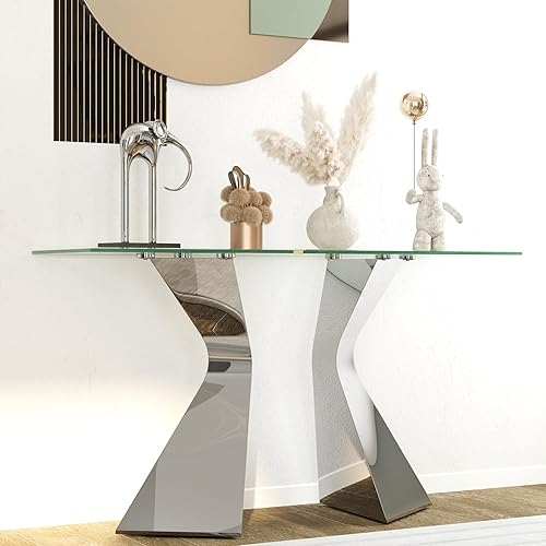 Miniatura 7 de Mesa consola plateada y de vidrio, mesa de entrada de 51 pulgadas con parte superior de vidrio transparente templado, patas de acero inoxidable,