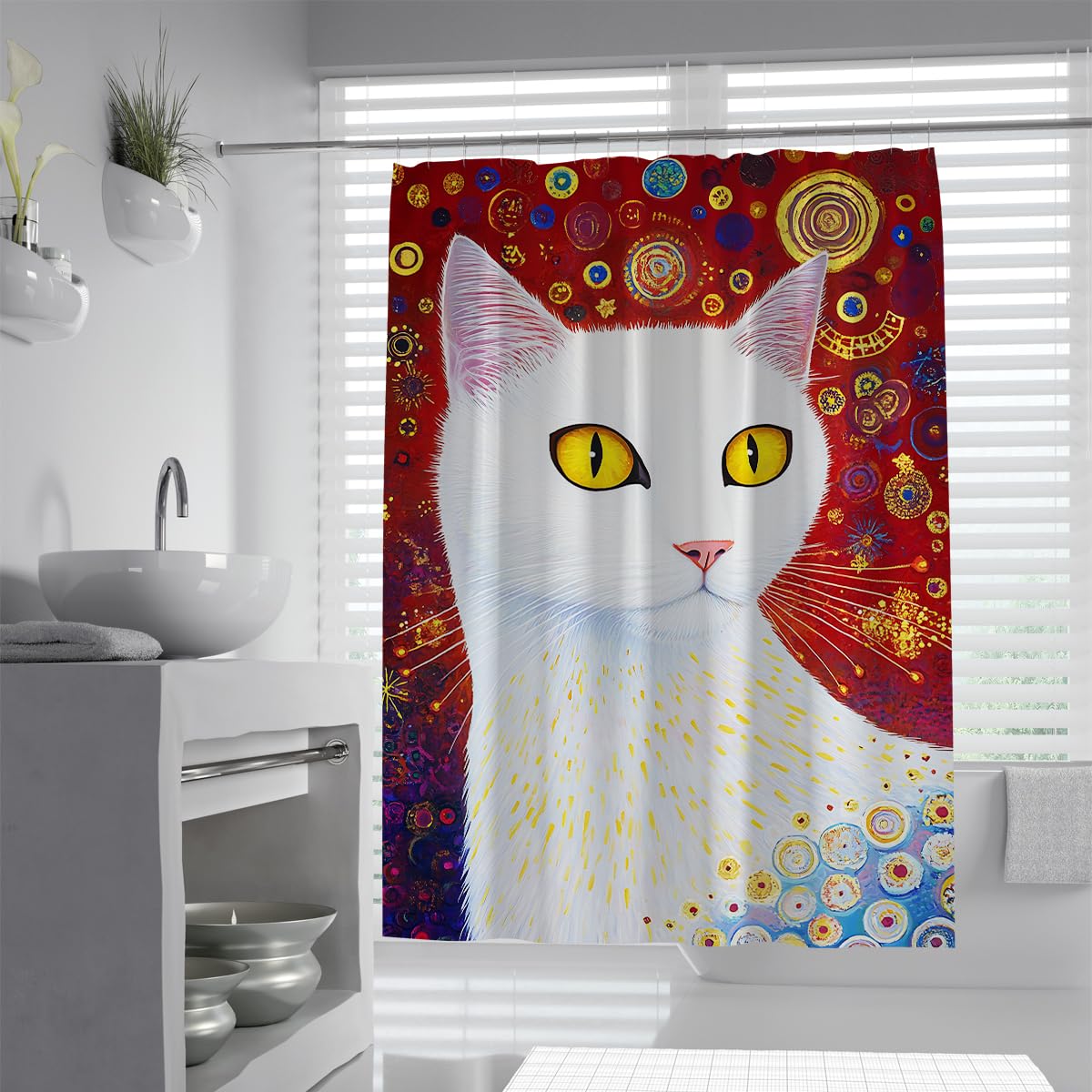 UIRINGART Kitten Bathroom Curtains W180xL220cm Abstract White Feline Close Up Red Golden Circles Pattern Background Waterproof Quick Dry Easy Clean Fabric Shower Curtain Bath Decor with Hooks
