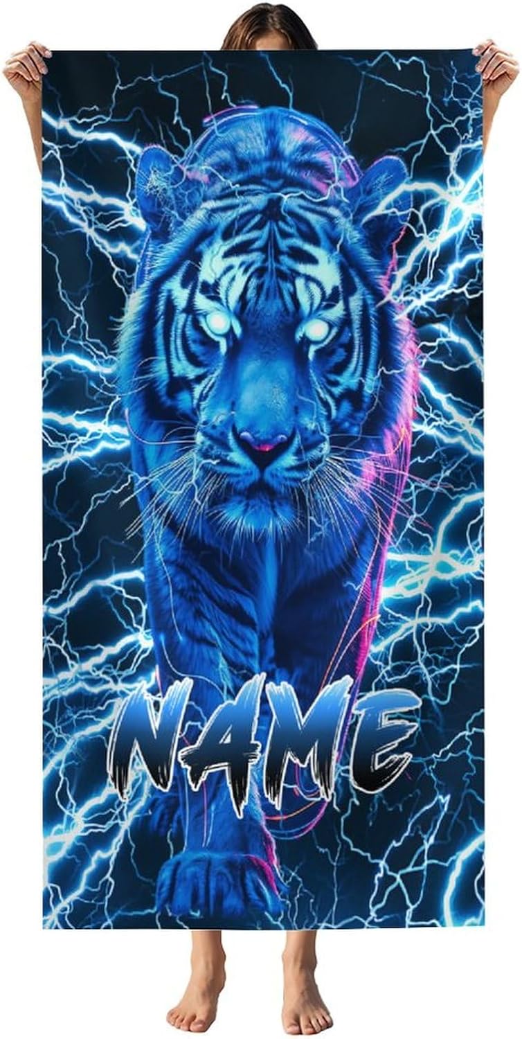Personalized Tiger Beach Towel for Boys Men, 40”x70” Microfiber Lightweight Sandproof Cool Beach Bath Towels for Kids Adults Travel Swimming Gym, Custom Beach Essential