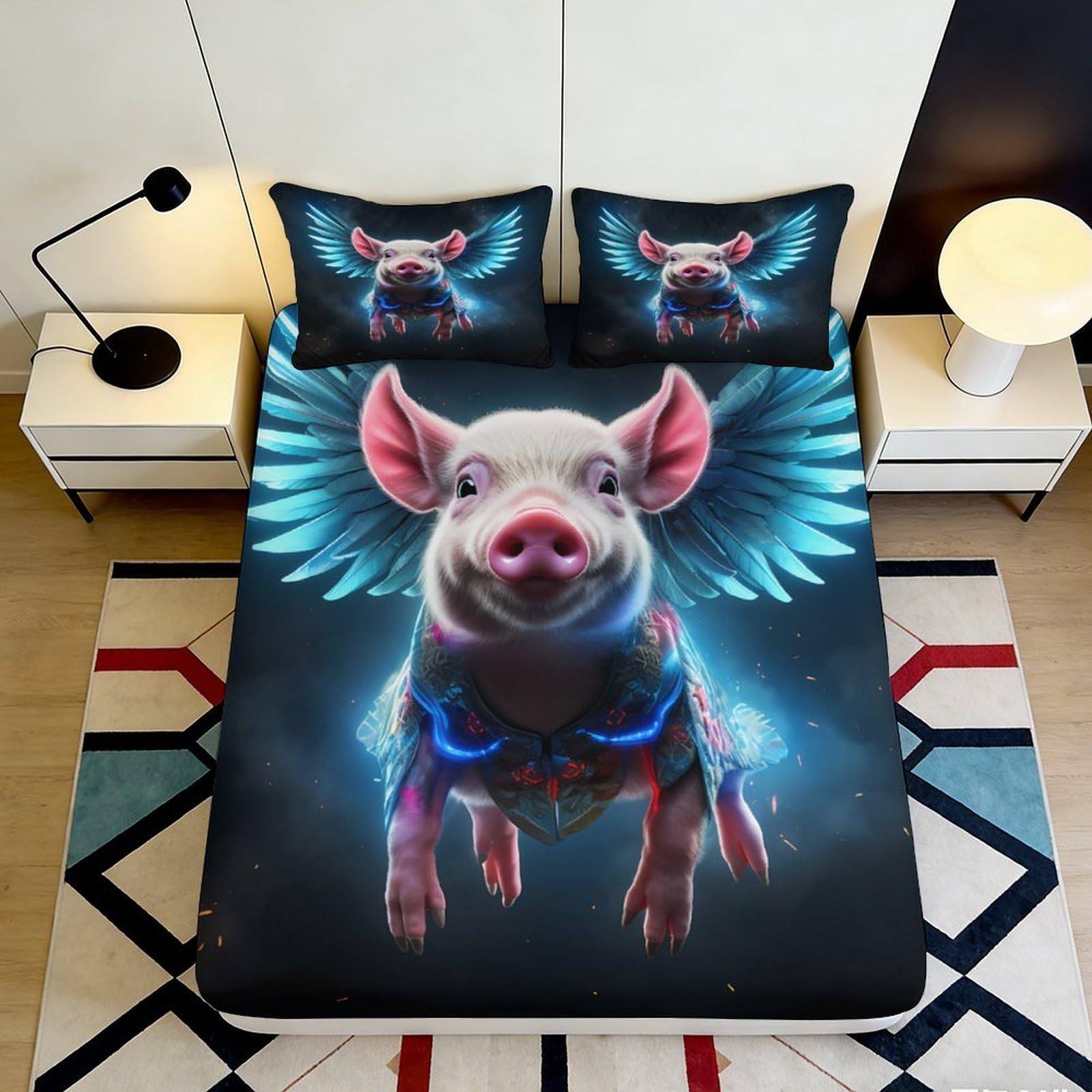 3D Printed Flying Pig Fitted Sheet Microfiber Vibrant Cartoon Animal Bed Cover for Bedroom Dorm Mattress Decor 90x200x25cm