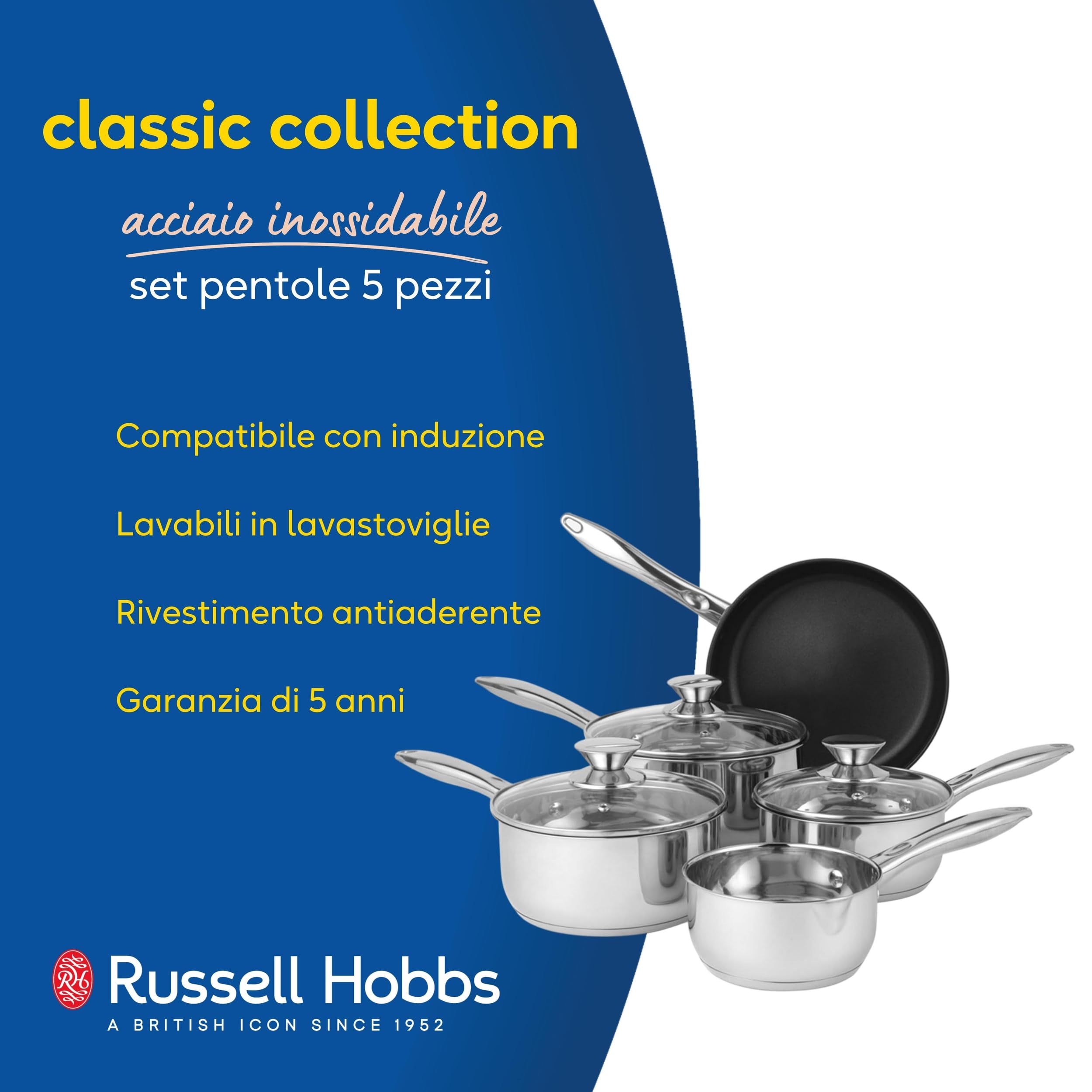 Russell Hobbs Set di pentole da 5 pezzi - antiaderente acciaio inox , padella da 24cm, pentola da 16/18/20 cm, lattiera da 14 cm, impilabile per tutti i piani cottura, Lavabile in lavastoviglie