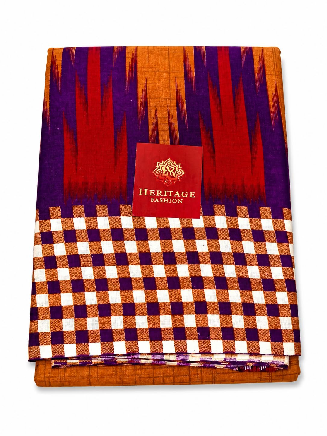 Heritage Fashion Sambalpuri Ikat Cotton Dhoti, Orange and Purple, Checkered Border, Traditional Style, 5+2.5m-image-13
