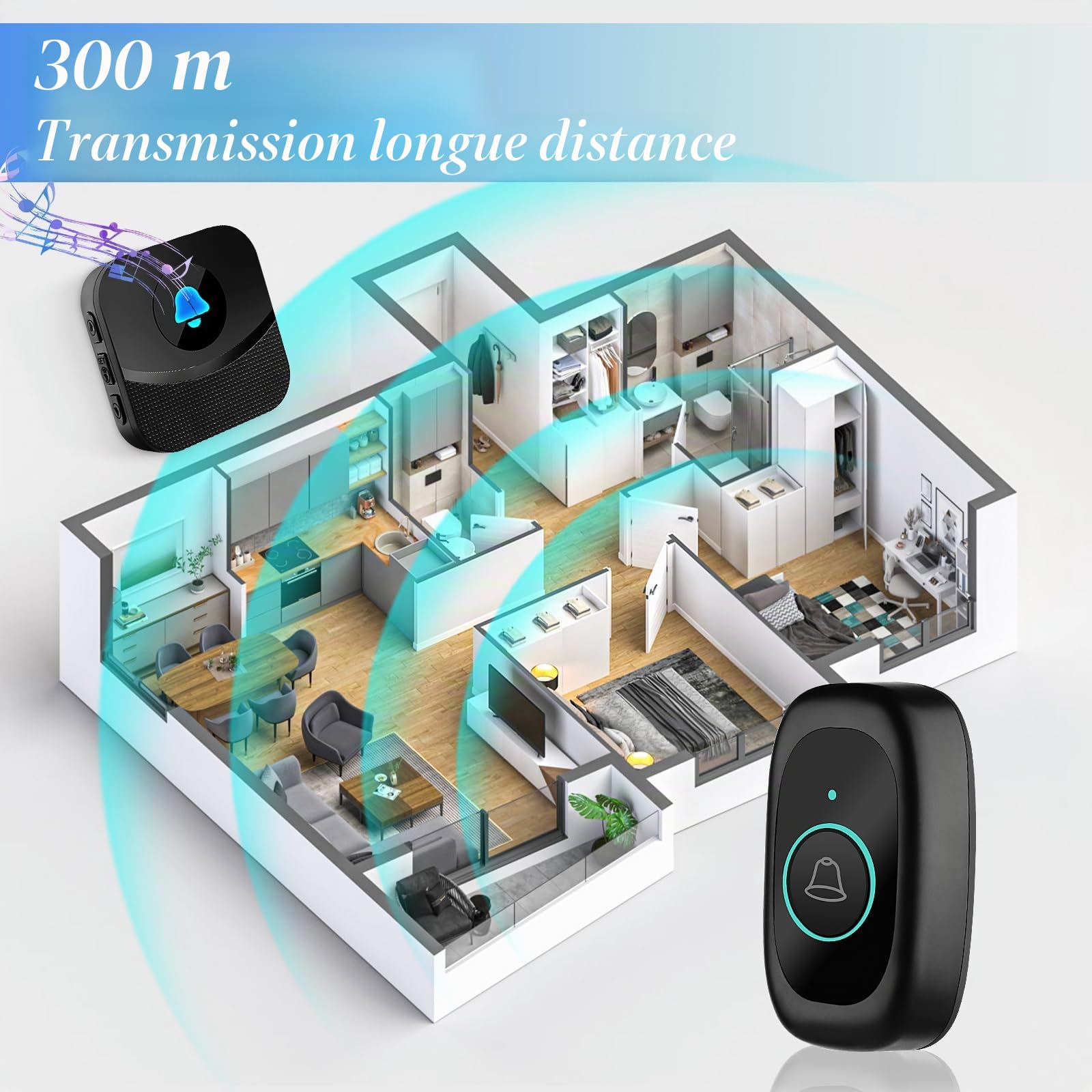 VFANDV Sonnette Sans Fil, IP55 Bouton de Sonnette 400M Longue Portée Exterieur Étanche Electronique avec 2 Récepteurs 55 Mélodies Kit de Carillon Electronique LED Bleu