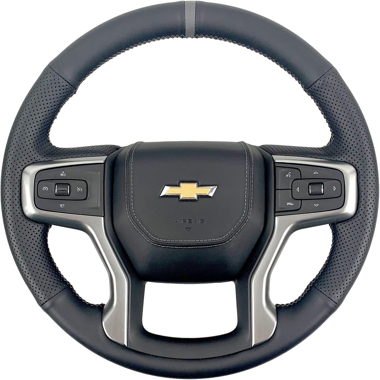 Hand-Sewing Steering Wheel Wrap Cover Black Perforated Leather/Grey Marker Strip Wrap Interior Protection Accessories for Chevrolet Silverado 1500 2019-2021 2500HD 3500HD/ Chevy Suburban 2020-2022