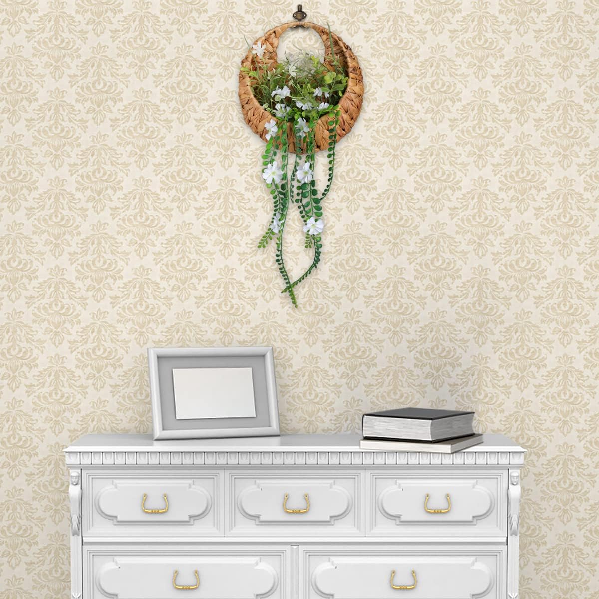 22inch Artificial Handing Plants for Wall Art Decor,Greenery Wall Decorations,Ivys Succulents Greenerys with Flower Baskets for Home,Farmhouse,Indoor,Porch,Room,Garden Decoration
