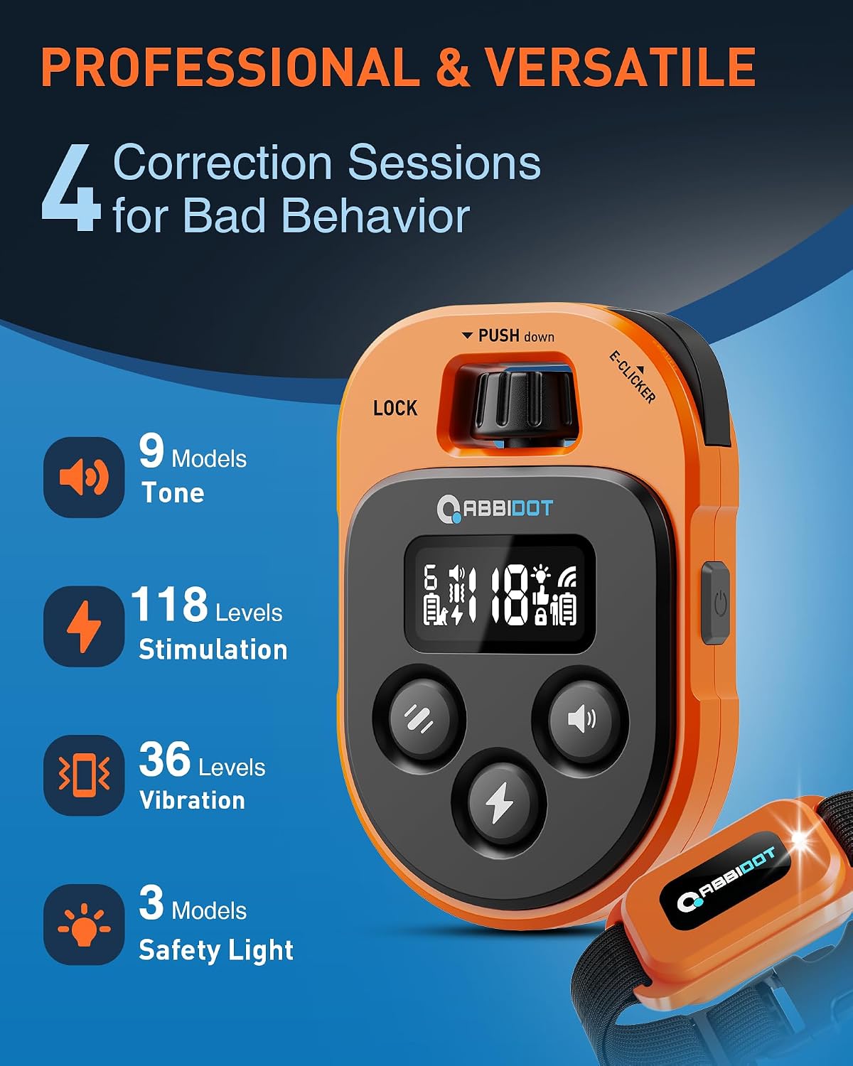 Remote control showing tone, vibration, stimulation, and light modes