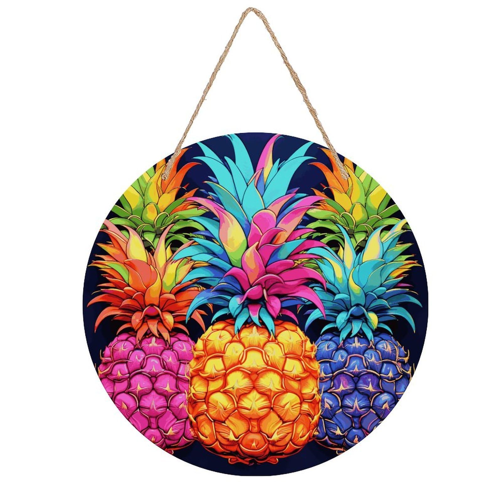 FekiLoot Colorful Pineapple Wall Art Decor Rustic Vintage Hanging Wall Sign Aesthetic Welcome Door Sign with Rope, Round Wood Walls Decoration Picture for Home Front Door 7.9x7.9 in