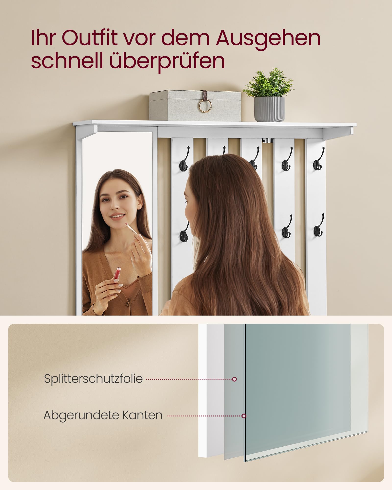 VASAGLE Schuhbank Wandgarderobe Set mit Spiegel, 10 Doppelhaken, Schuhschrank verstellbare Ablagen, Doppeltüren, Sitzbank, Sitzpolster abnehmbar, 101 cm breit, wolkenweiß LSC011W01