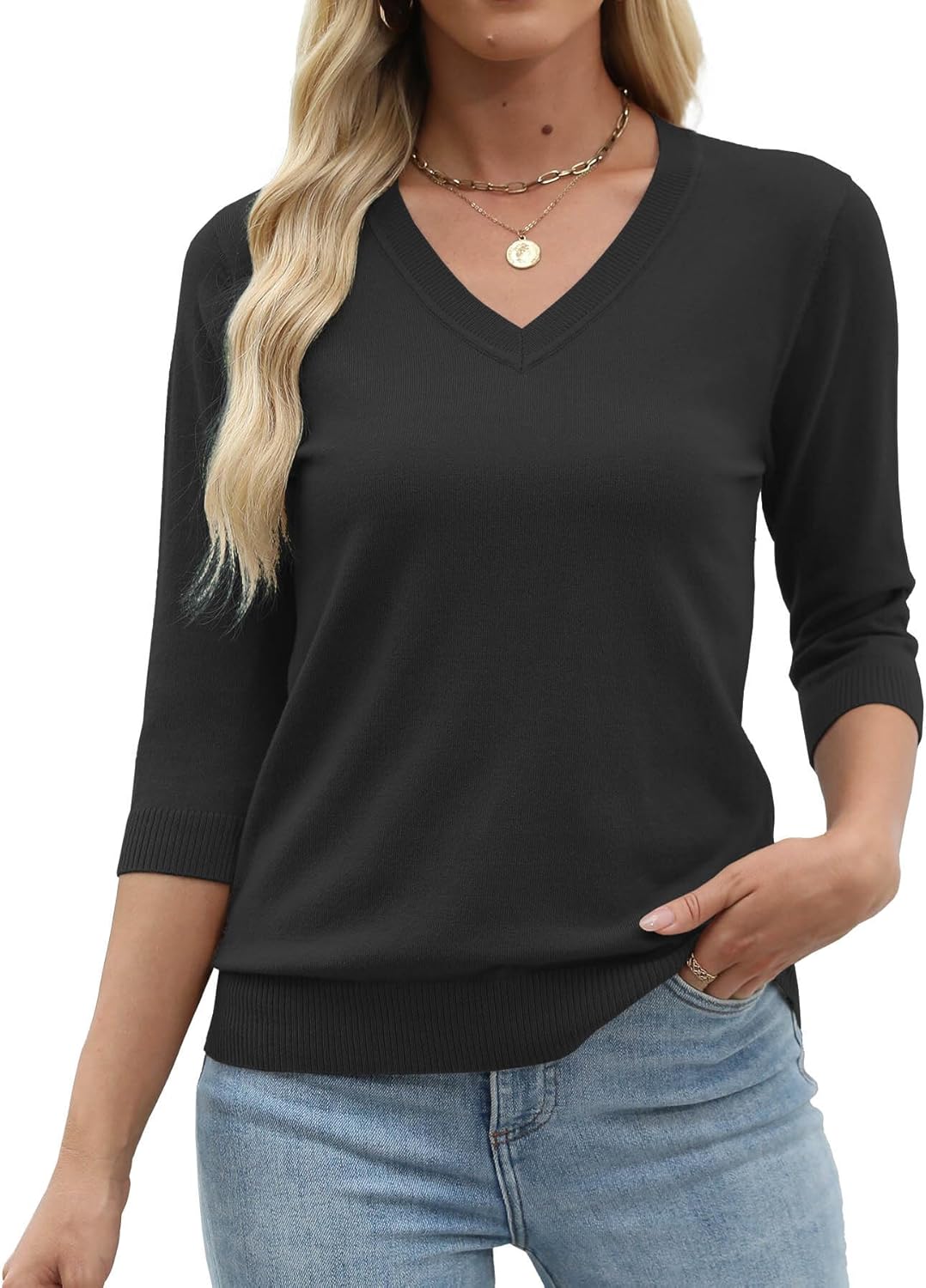 JomeDesign Womens Sweaters 3/4 Sleeve Pullover Tops V Neck Blouses Business Casual Fashion Clothes - Image 2
