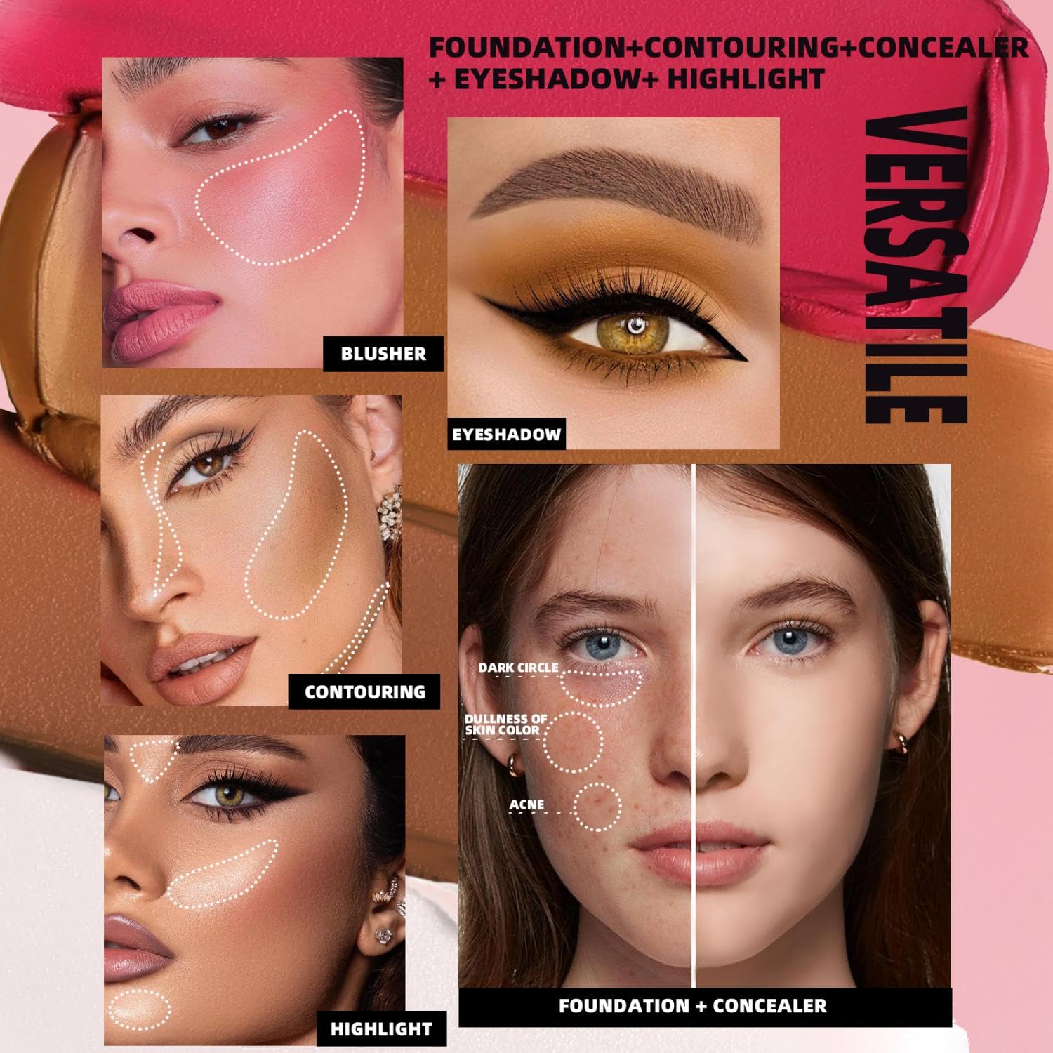Paleta de sombra de ojos y rubor impermeable de 16 colores, de larga duración, a prueba de arrugas, corrector de cobertura completa y juego de maquillaje de contorno para iluminar, resaltar y acabado 3
