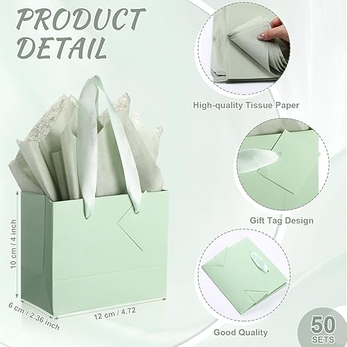 Miniatura 9 de Qilery 50 mini bolsas de regalo de papel a granel con papel de seda de 4.7 x 2.4 x 3.9 pulgadas, bolsas de regalo de papel extra pequeñas con asa,