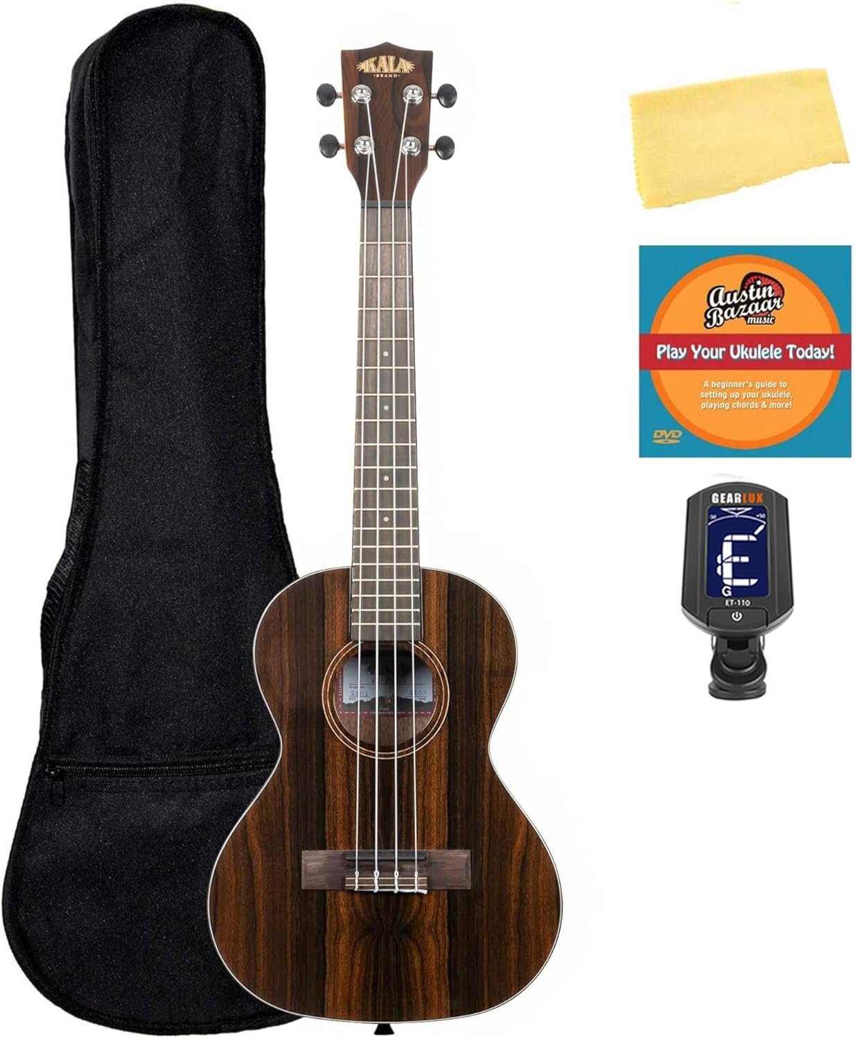 Kala KA-ZCT-B Ziricote Baritone Ukulele Bundle with Gig Bag, Tuner, Austin Bazaar Instructional DVD, and Polishing Cloth