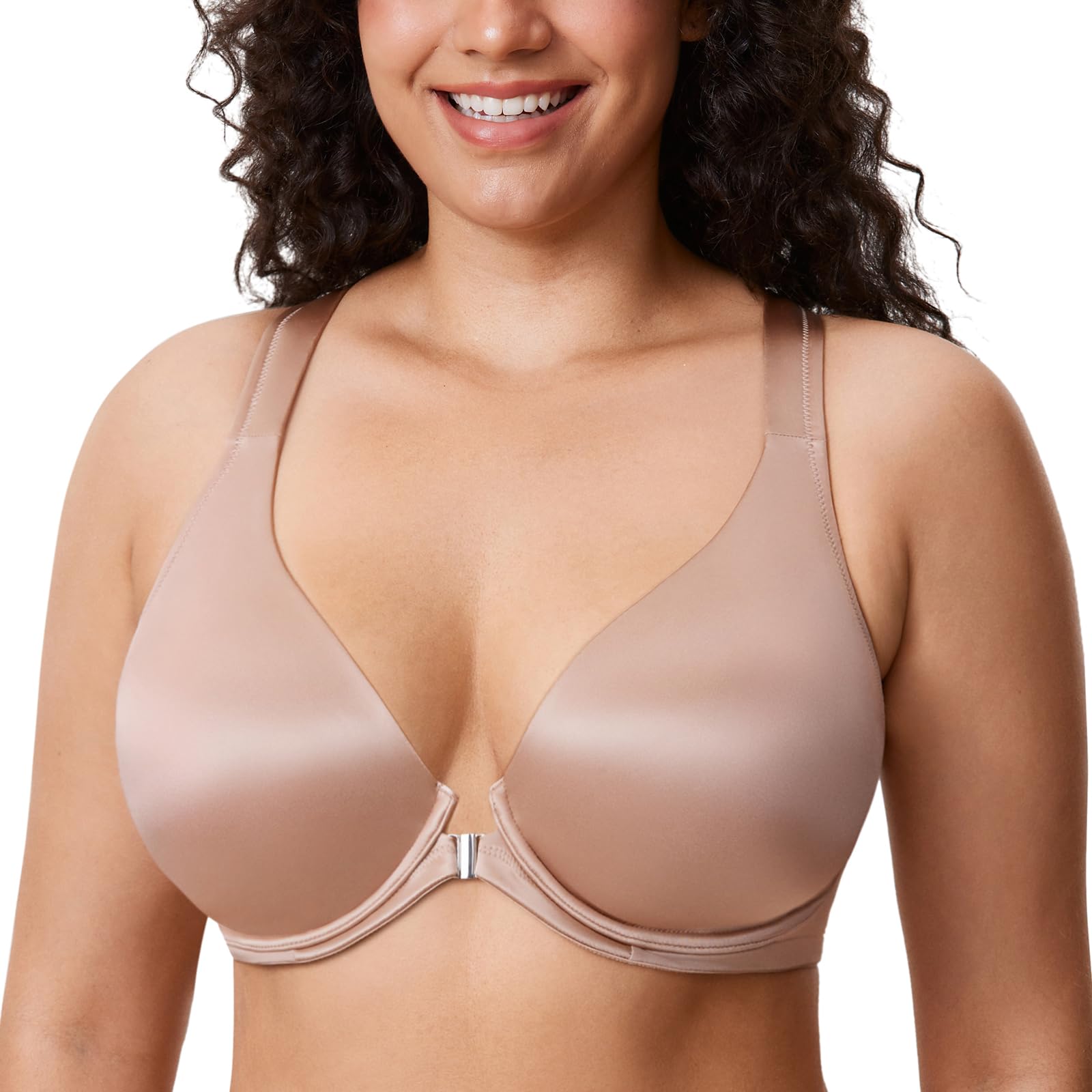 Delimira Women's Pearl Champagne Front Fastening Bras Plunge Plus Size Underwired Racer Back Unlined T Shirt Bra 38F