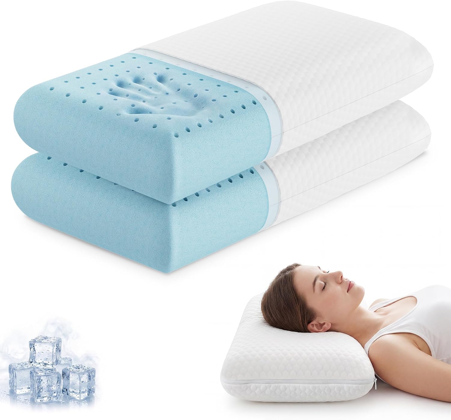 Sweetcrispy Cooling Gel Memory Foam Pillows for Sleeping, Back and Side Sleeper Support, Standard Size and Medium Firm, Bed Pillows for Adults with Washable Cover and Breathable Mesh – 2 Pack, White