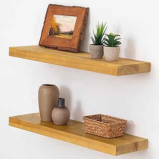 Axeman 24 Inch Wood Floating Shelves for Wall Solid Wooden Shelf Rustic Wall Shelves for Bedroom|Kitchen |Bathroom|Living Room with Invisible Brackets|Farmhouse Style, 2 Pack Gold Oak