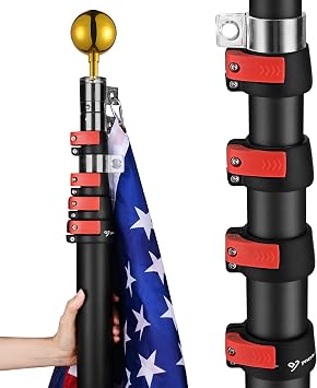 Yescom Black Upgraded 25 ft Telescopic Heavy Duty Aluminum Flag Pole Kit Fly 2 Flags 3x5 US Flag & Ball Top Flagpole for Commercial Residential Outdoor