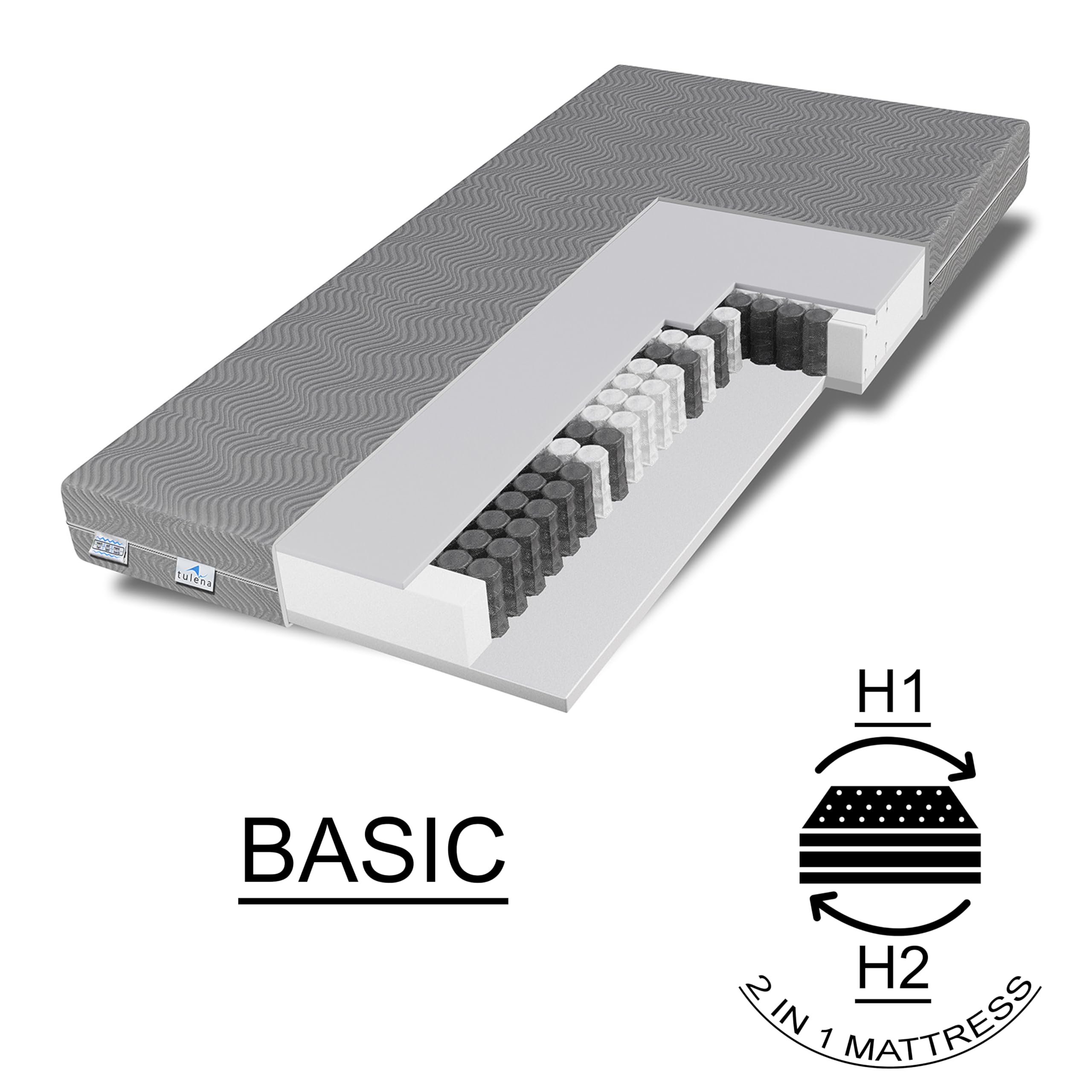 TULENA NOX Matratze 90x200 H1 + H2 Taschenfederkernmatratze 18 cm Basic Matratze für Kinder und Erwachsene - Wendematratze mit Bezug mit Reißverschluss Rollmatratze Oeko-TEX Zertifiziert
