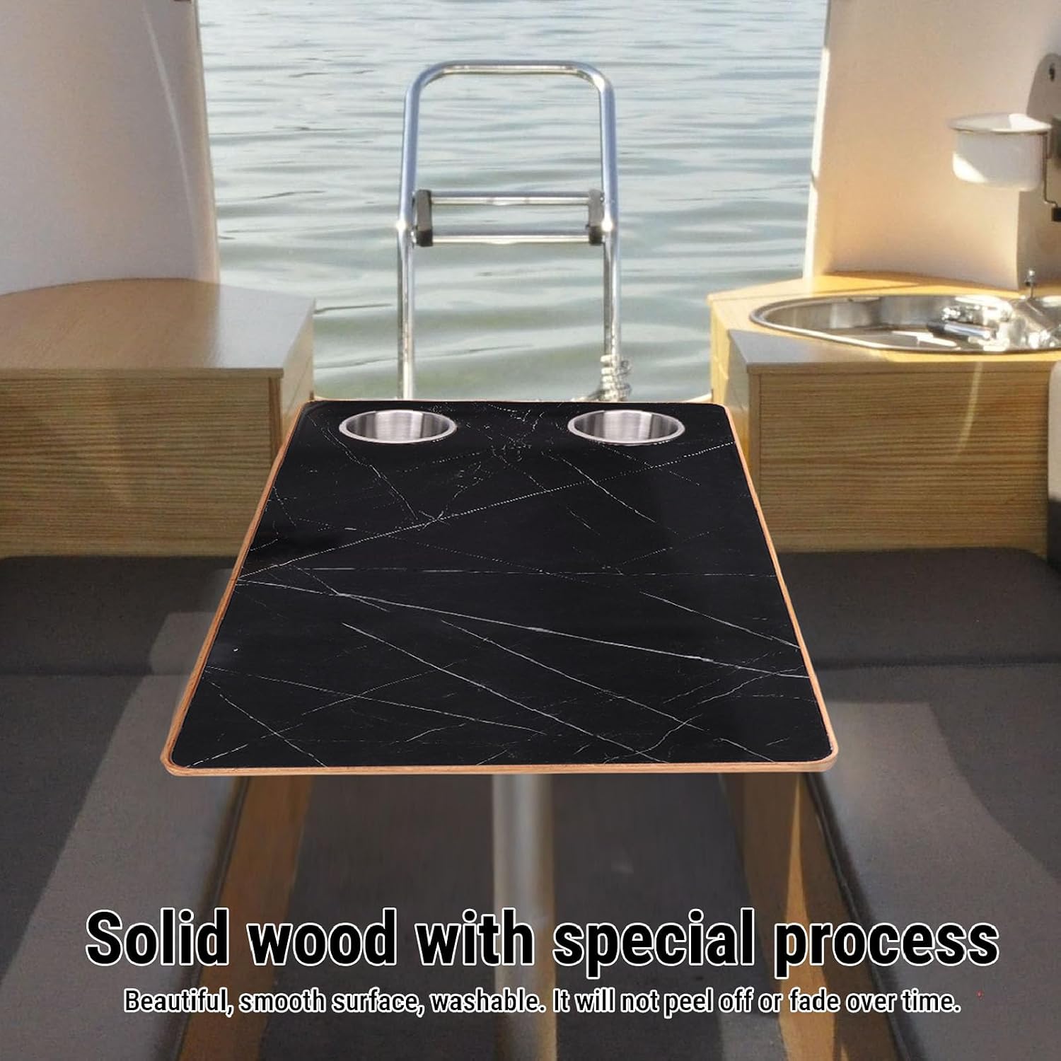 RV Table Top Replacement with 2 Cup Holders 31.49x15.74in Solid Wood Boat Table Top Panel for Trailer Motorhome Yacht Deck (Black)