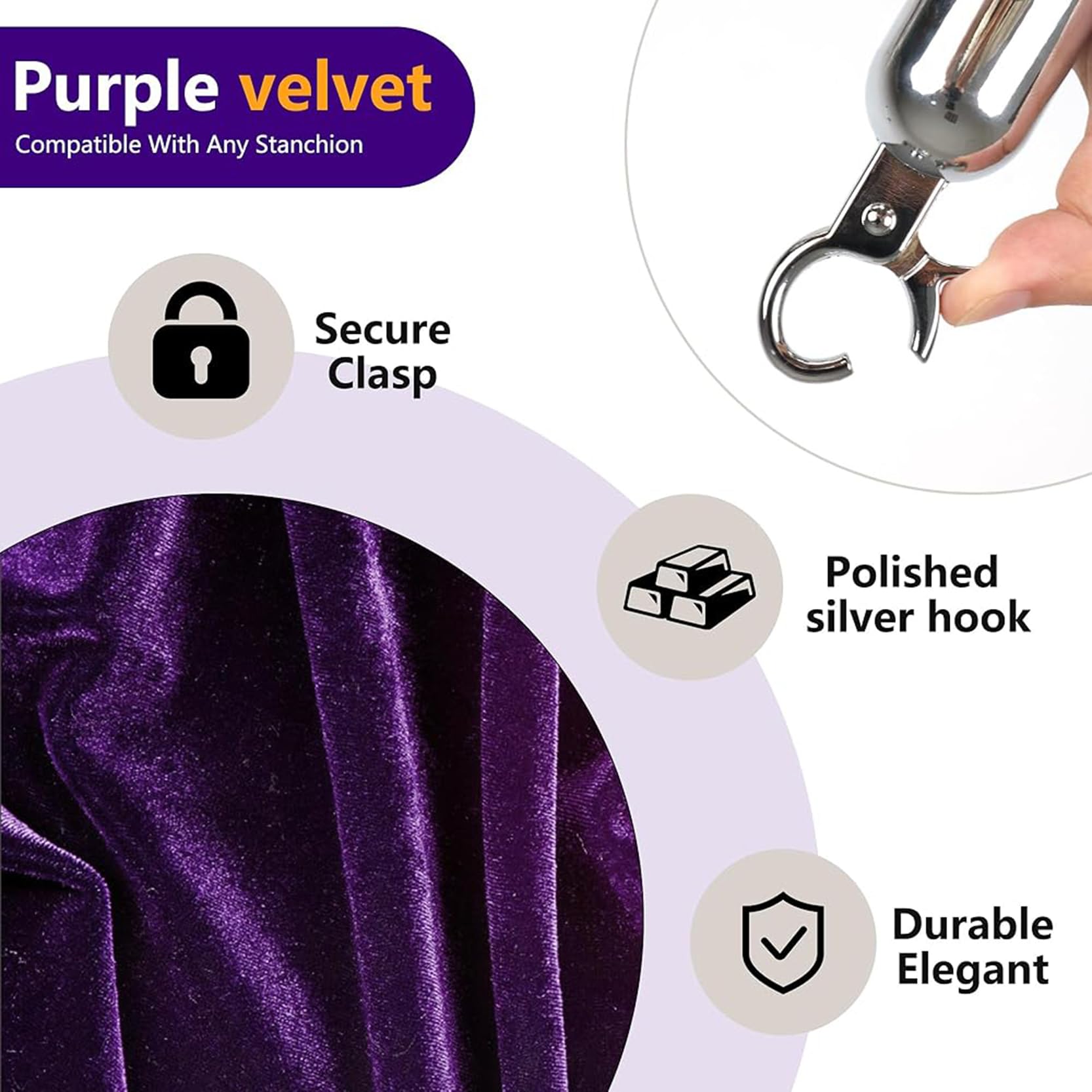 barriera di Controllo della Folla in Corda di Vell Corda for montanti in Velluto Viola con Ganci in Argento da 3-6 Piedi, Confezione da 1 o 2