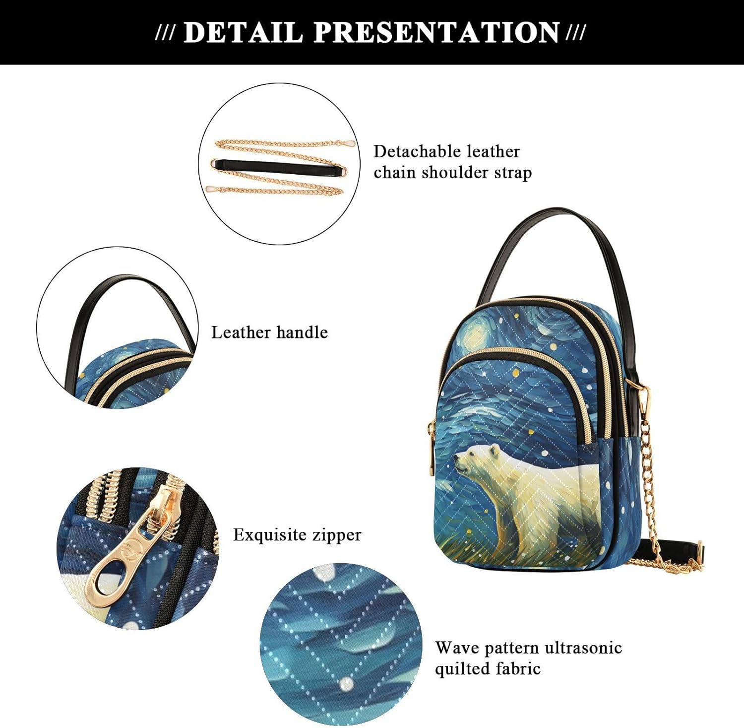 Crossbody Sling Bags Painting Polar Bear Print, Compact Fashion Handbags Purse with Chain Strap Top handle for Evening Party Dating Travel