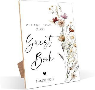 Flower Theme Wooden Wedding Signs, Please Sign Our Guestbook, Bridal Shower Centerpieces for Tables, Couples Wedding Shower Decorations, Table Decor for Engagement, Proposal and Anniversary, 27