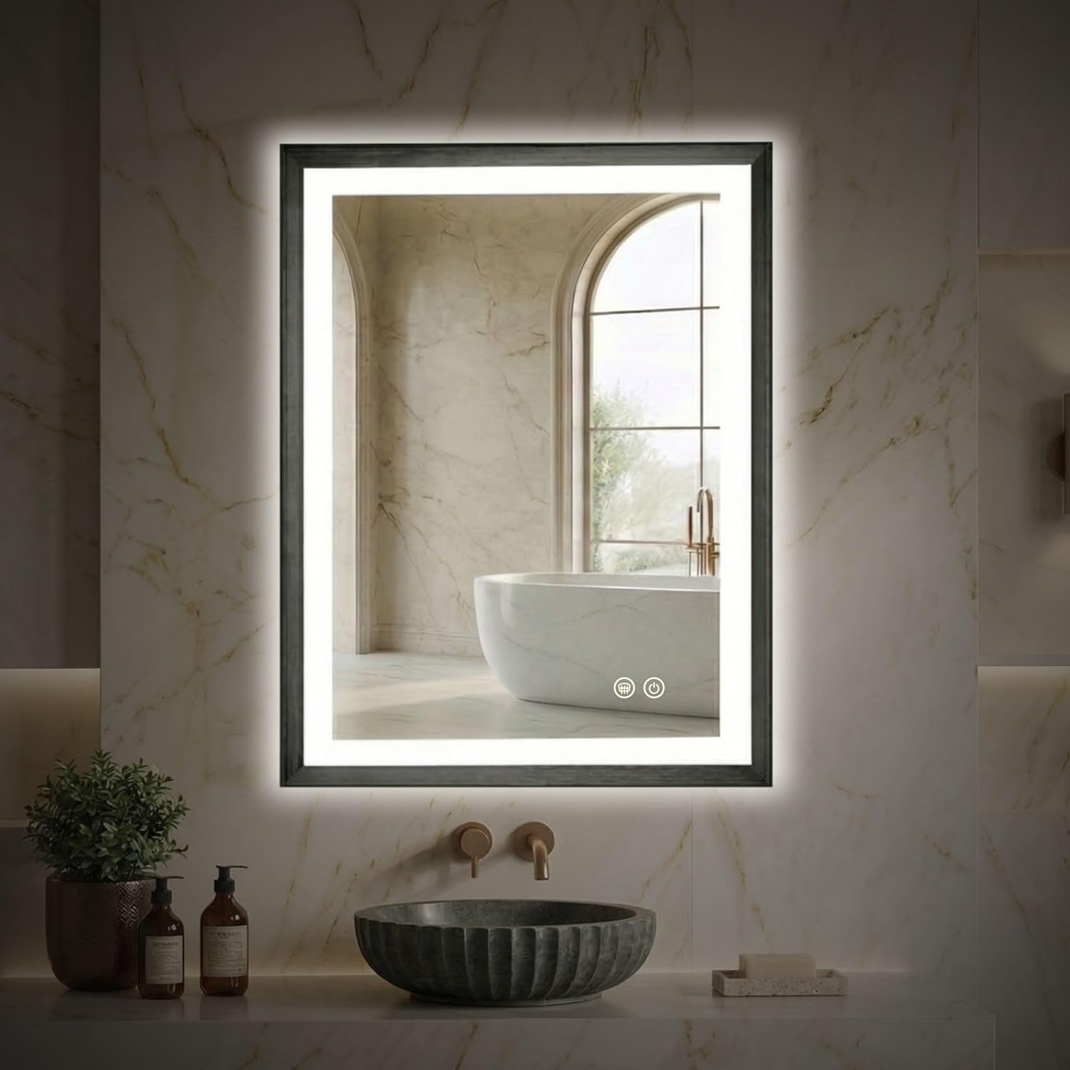HOUSE REFLECTION 20" x 28" LED Bathroom Mirror – Front and Backlit, Anti Fog, Tempered Glass, 3 Color Options, Dimmable Brightness, Black Framed Vanity Mirror for Bathroom Wall