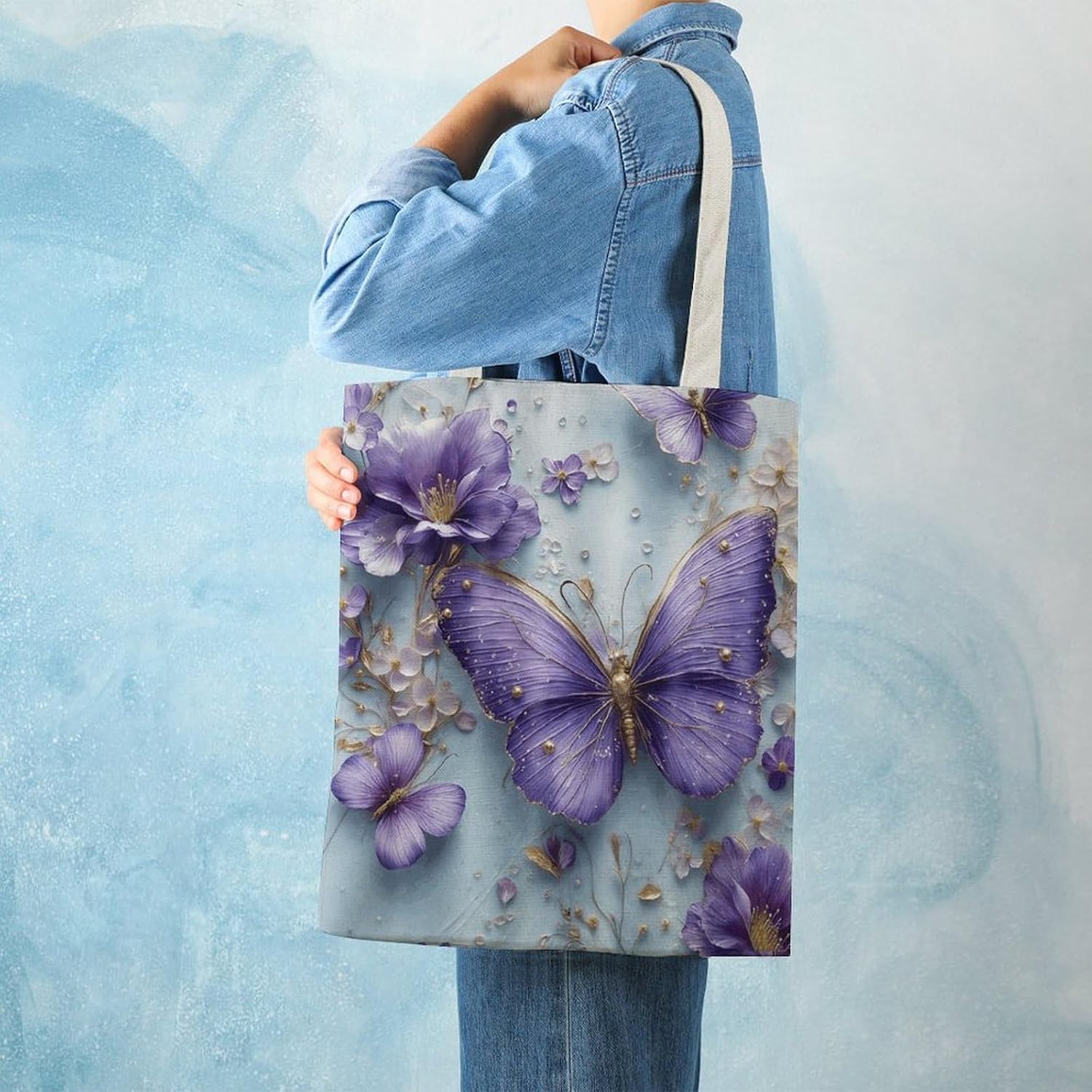 Purple Floral Butterfly Canvas Tote Bag Reusable Grocery Bags Foldable Soft Cotton Shoulder Carry Bag