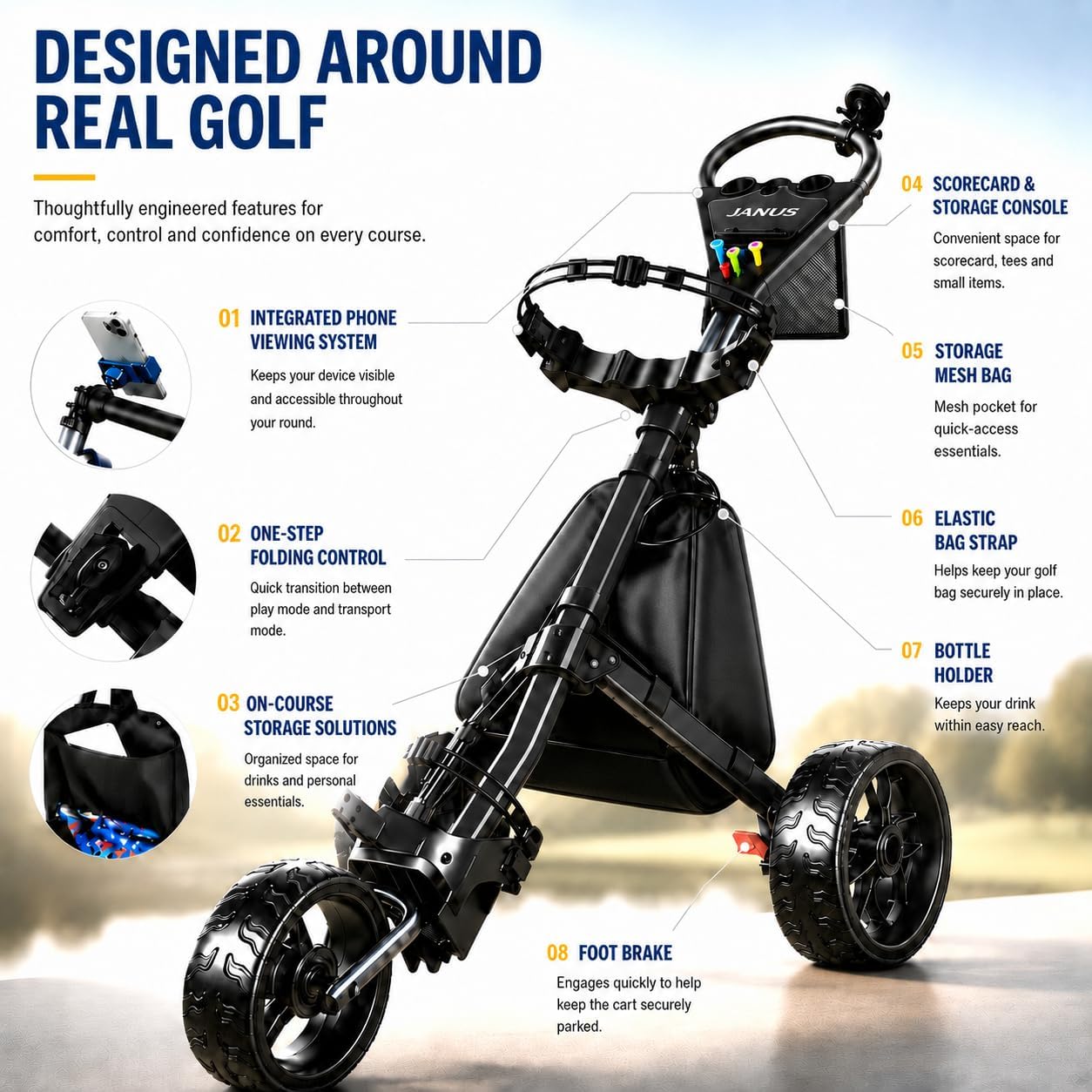  Pace Golf Push Cart with 360° Rotating Phone Holder, 3-Wheel Foldable Golf Cart with One-Click Folding, Wide EVA Wheels, Foot Brake, Adjustable Handle, Cooler Bag & Scorecard Console thumbnail