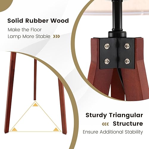 Miniatura 6 de Tangkula Lámpara de madera de mediados de siglo con estantes de almacenamiento, lámpara de pie para sala de estar, oficina, pantalla de lino en base