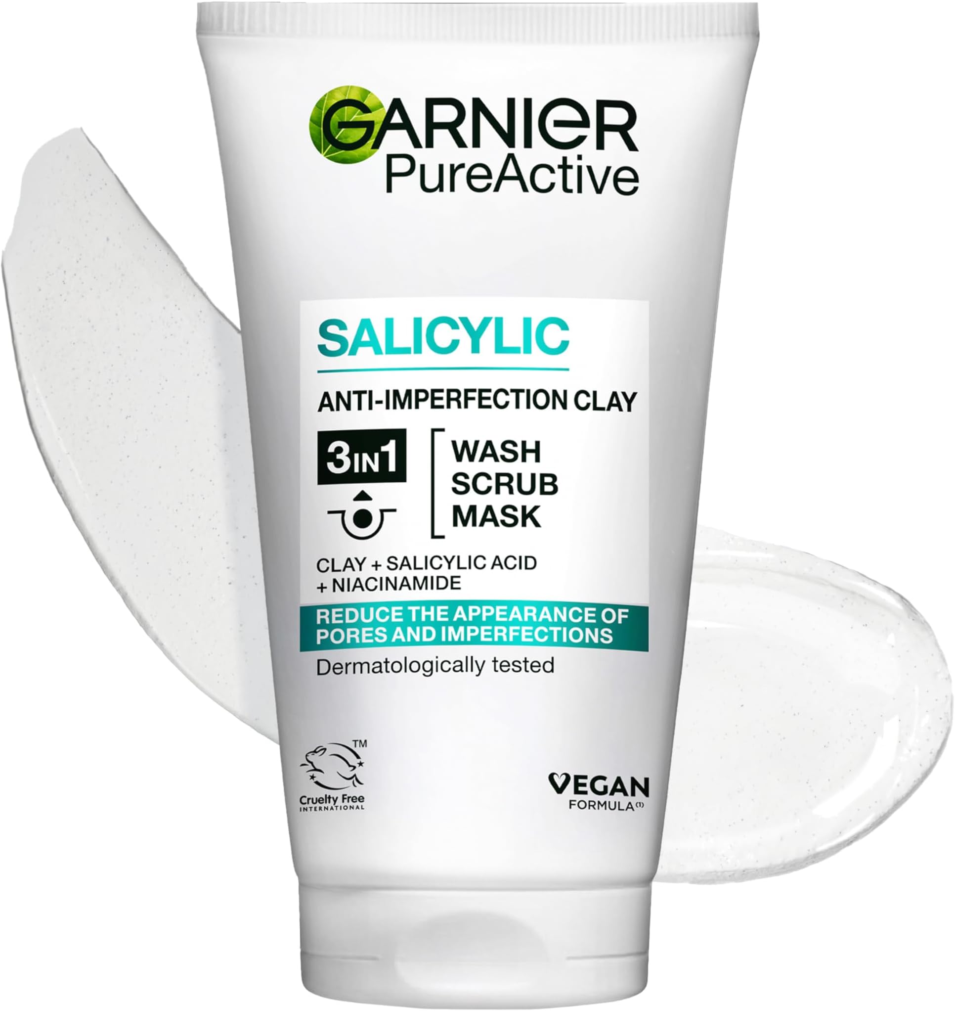 Garnier Pure Active 3in1 Clay Mask-Wash-Scrub 150ml, With Clay, Salicylic Acid, and Niacinamide, Face Cleanser For Oily Skin Prone to Blemishes, Eliminate Impurities & Reduce Pores