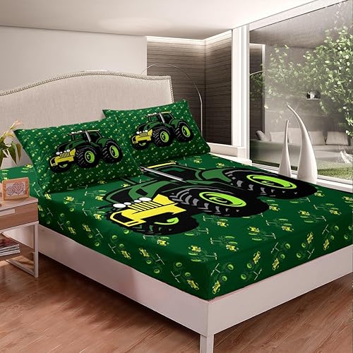 Miniatura 3 de Erosebridal Juego de sábanas de tractor, tamaño King, 4 piezas, color verde, juego de sábanas para niños, diseño de excavadora, juego de ropa de