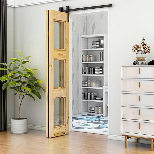 TSMST Kit de riel de puerta corrediza de granero de doble pliegue de 3 pies36 pulgadas para 2 puertas, kit de herrajes para puerta de granero,