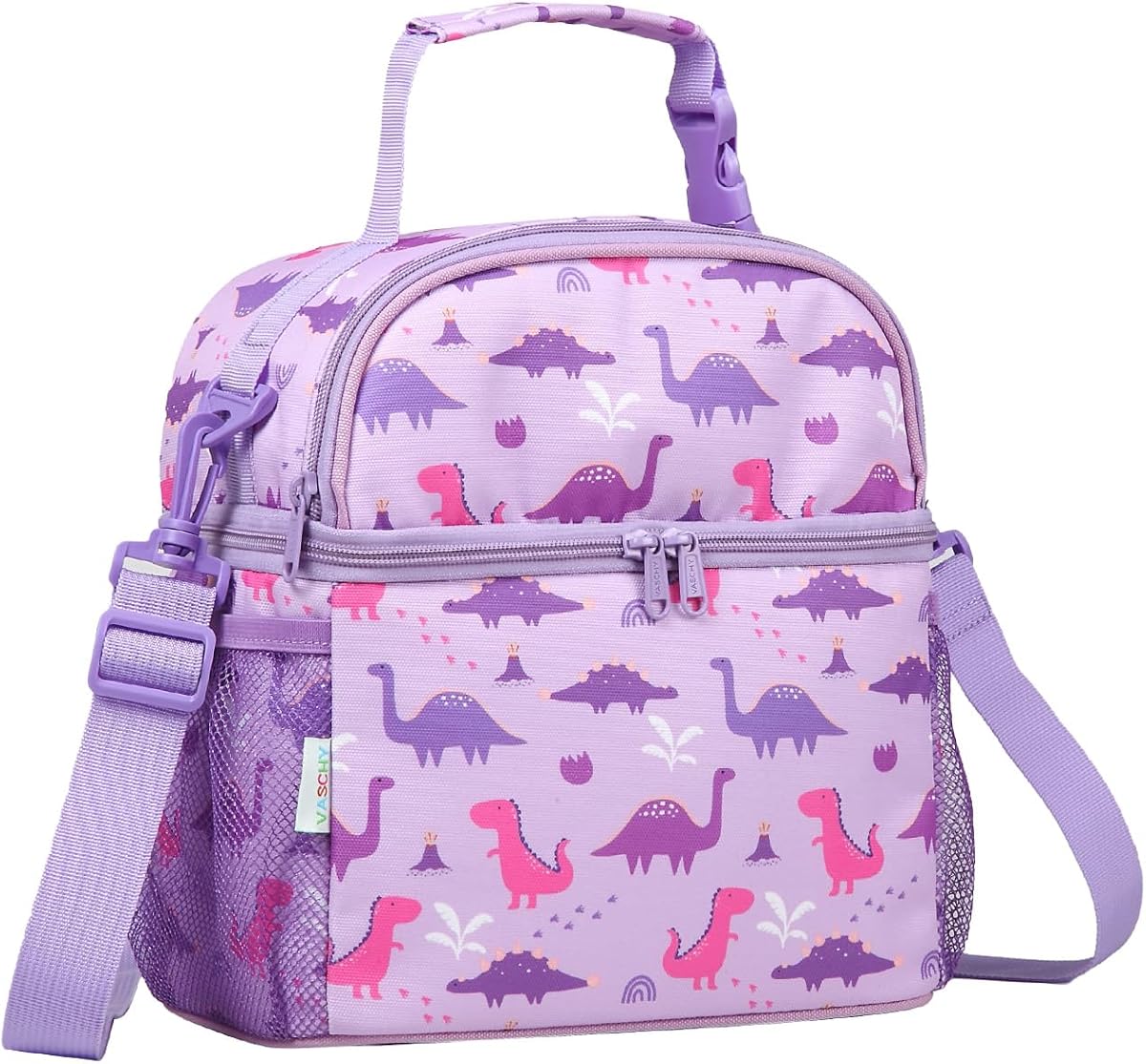 Lunch Box Bag for Kids, Insulated Double Compartments Cooler Lunch Tote for Toddlers Girls School/Daycare/Picnic Lilac Dinos