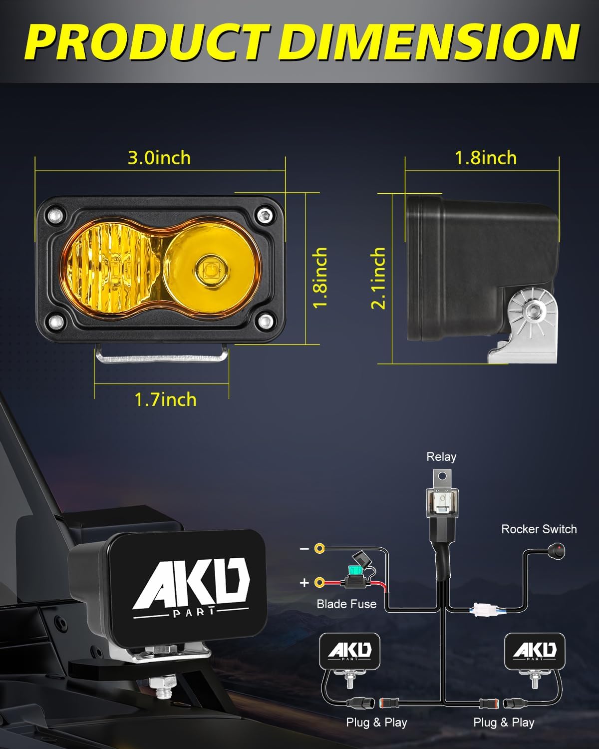 Yellow LED Pods with Wiring Harness & Black Covers 3" 40W CREE LED Ditch Lights Spot Flood Combo Fog Lights Yellow Chase Head Light for Trucks Motorcycle SUV UTV ATV Dirt Bike