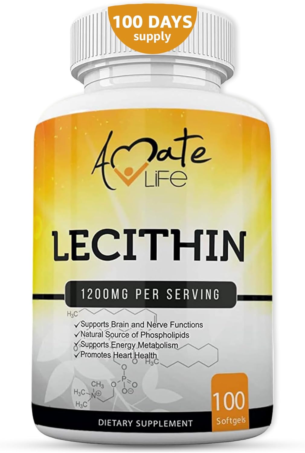 Amate Life Soy Lecithin 1200mg Capsules Supplement for