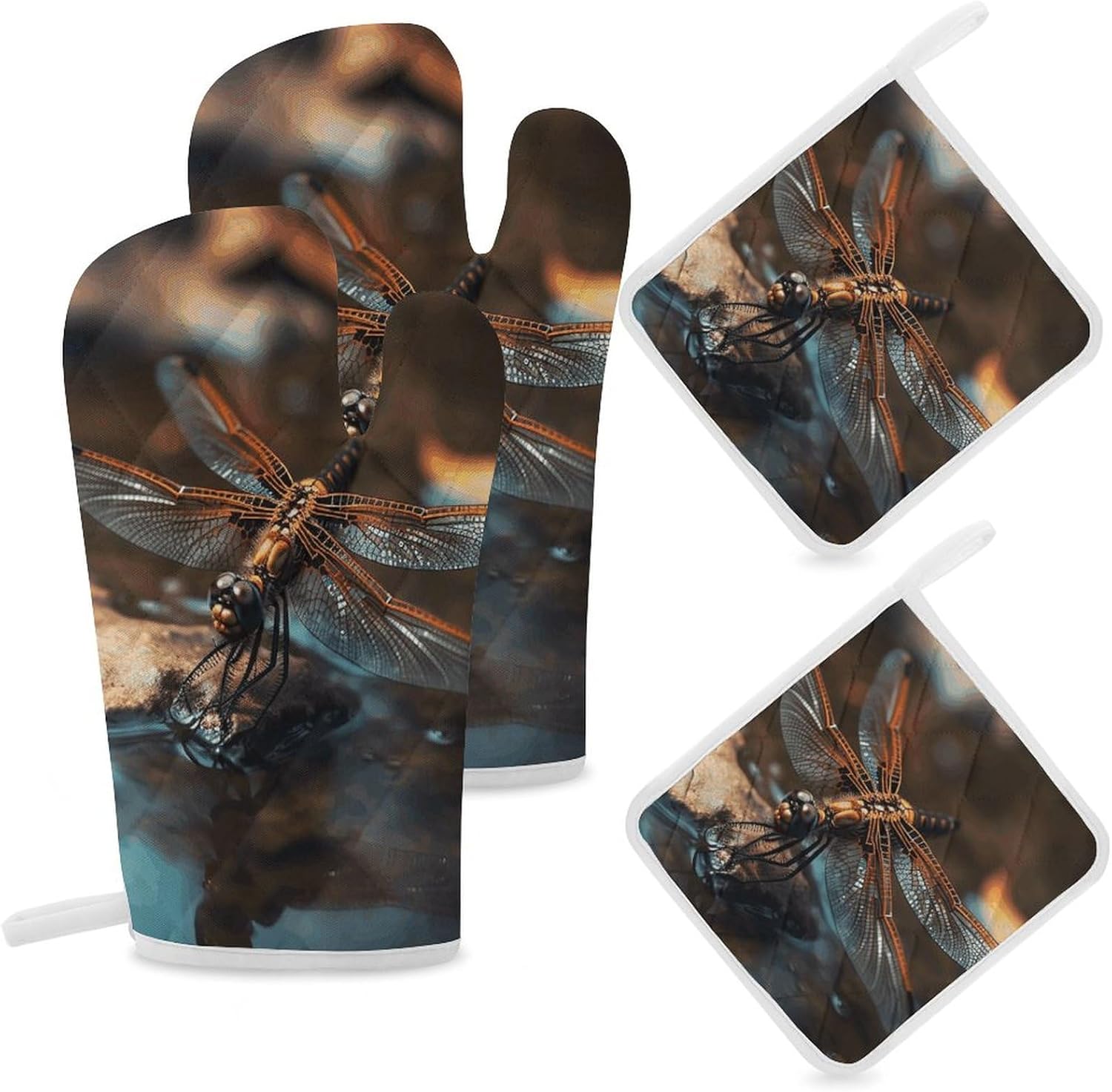 Oven Mitts Pot Holders Kitchen Dragonfly on The Water Heat Resistant Oven Glove for Baking and Cooking